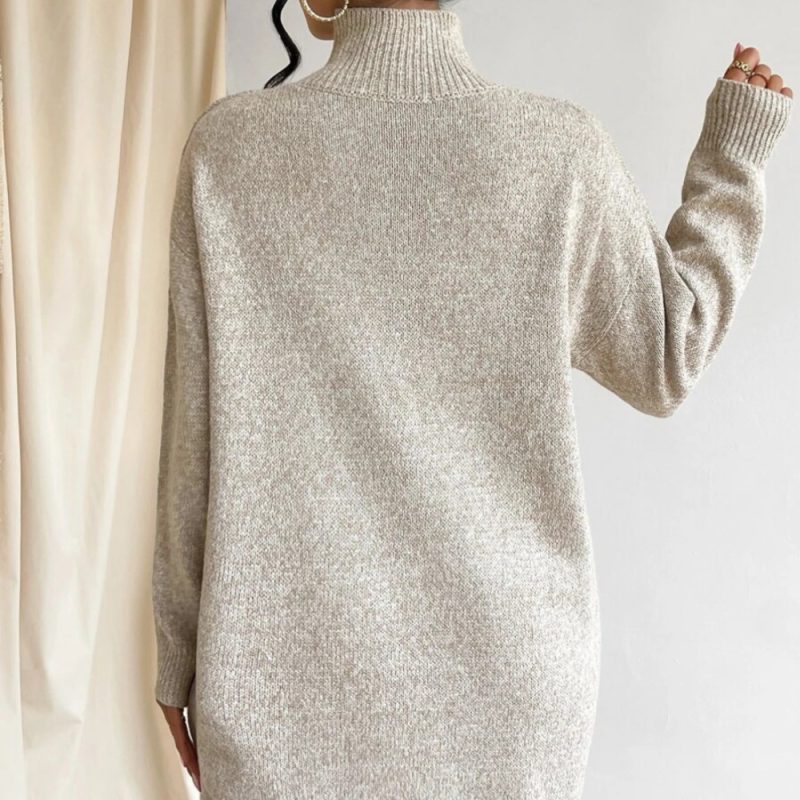 Turtleneck Knitting Dress Solid Color Simple Pullover Sweater Midi Dress - Image 3