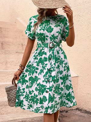 Summer Women Clothing Printed Dress with Belt