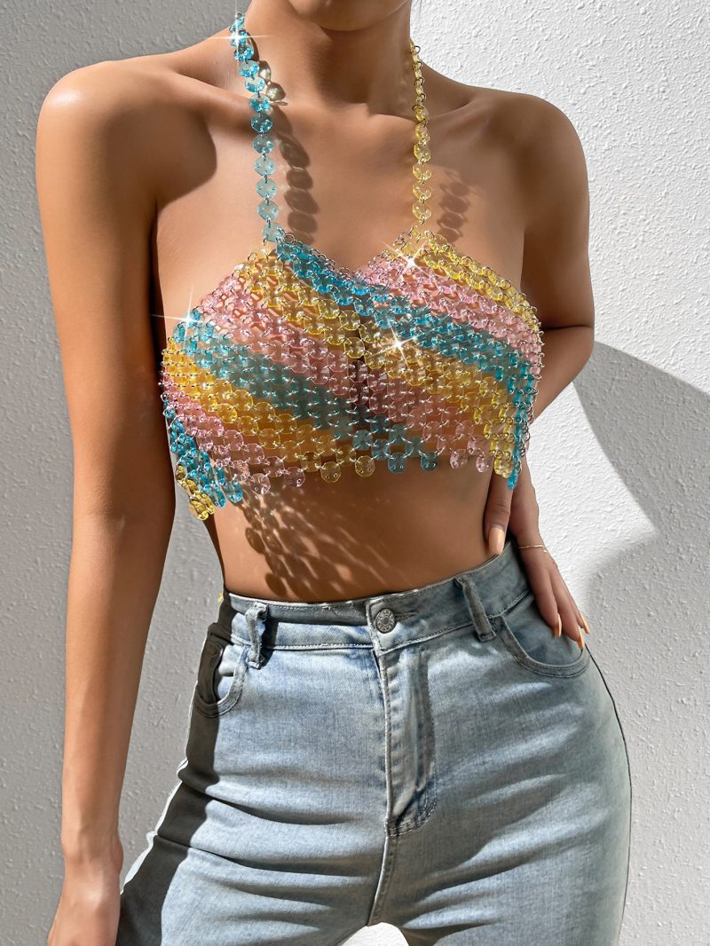 Sexy Gem Color Matching Backless Halter Sling Women Clothing - Image 3