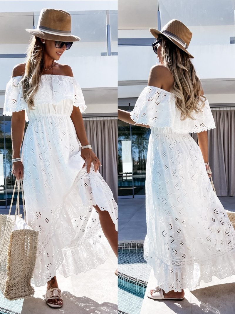 Bohemian Lace Dress White Beach Dress Tube Top off-Shoulder Sexy Dress for Women Eyelet Embroidery - Image 4