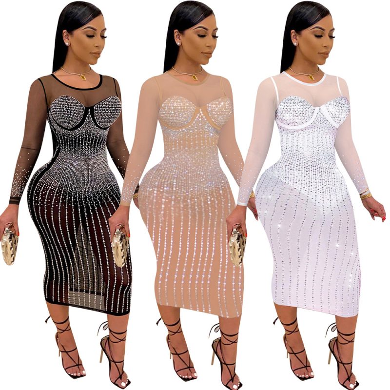 Women Diamond Long Sleeve Dress Nightclub Uniforms - Image 4