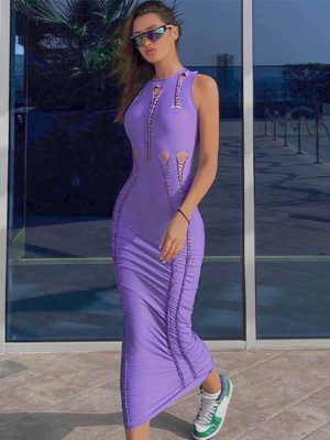 Women  Clothing Summer Solid Color Hollow Out Cutout Slim round Neck Sleeveless Dress