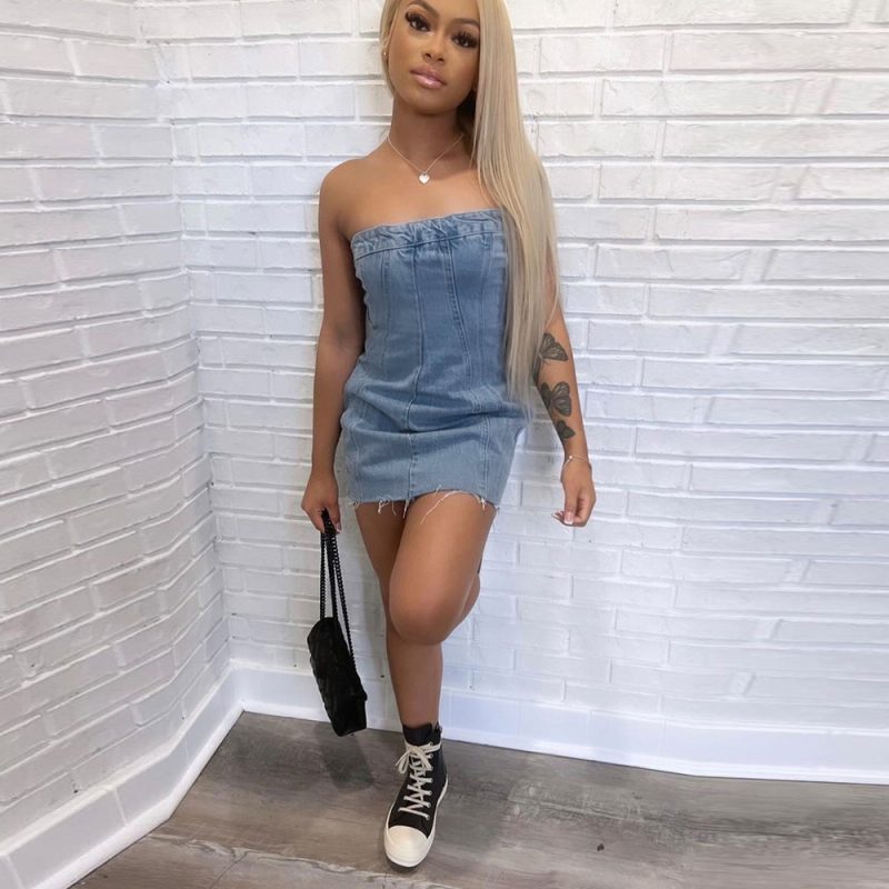 Denim Spring Summer Sexy Backless Wash Chest Wrapped Dress Women - Image 2