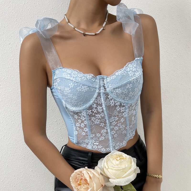 Lace Floral Strap Mesh Hollow Out Cutout Diamond Boning Corset Vest Women  Clothing - Image 2