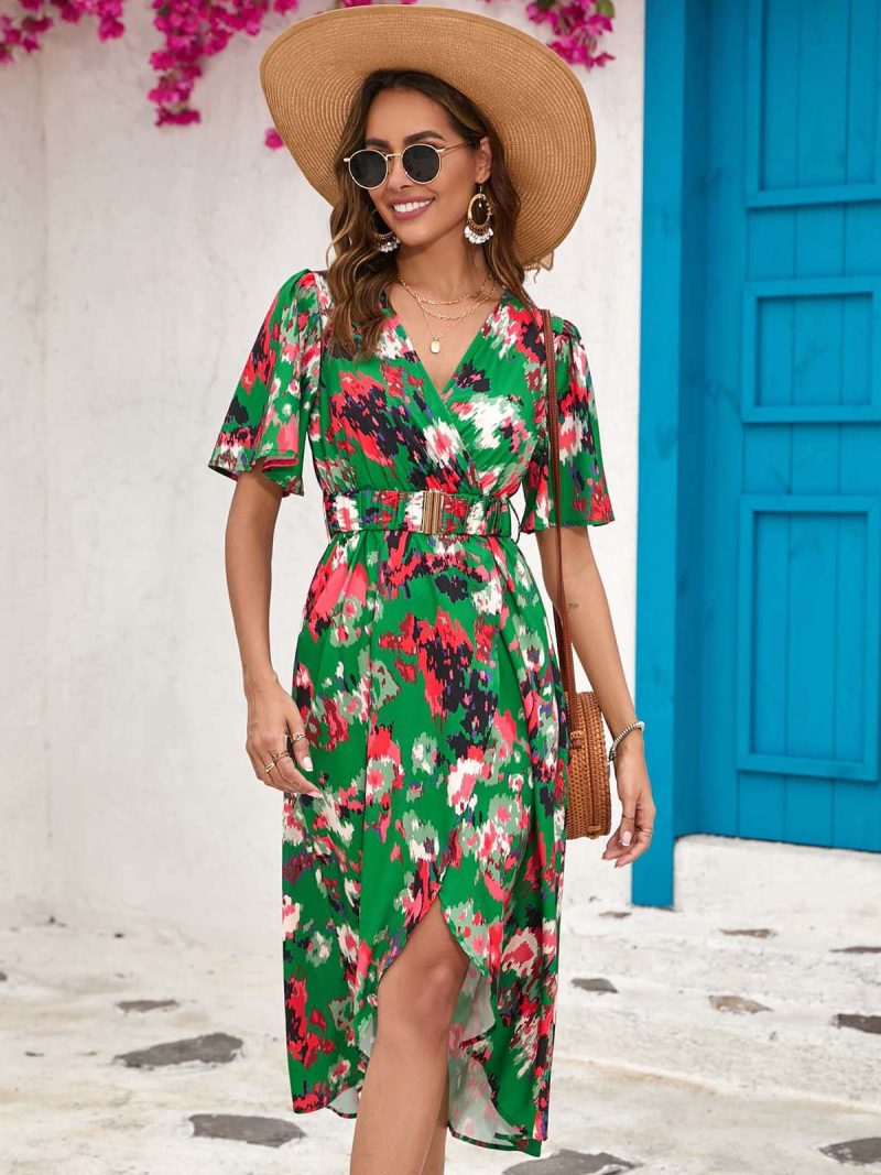 Women Clothing Popular Dress Summer Waist Split Short Sleeve Midi Dress Women Clothing - Image 2