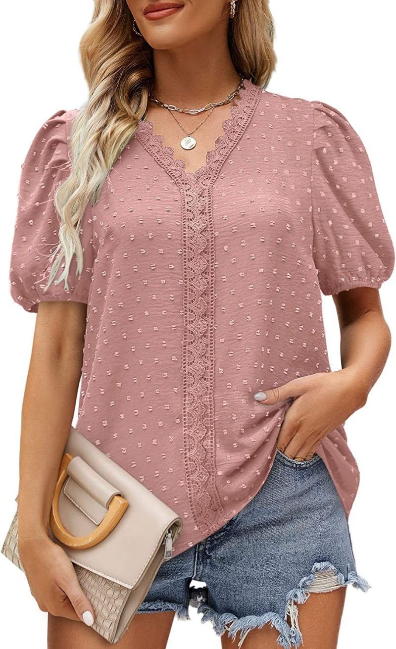 Summer Women Clothing V Neck Lace Dot Puff Short Sleeve Chiffon Shirt - Image 2