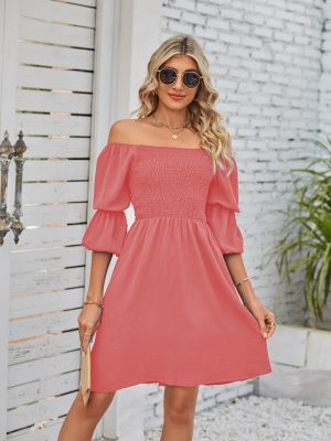 Summer Women Clothing Square Collar Puff Sleeve Pleating Backless Dress Women