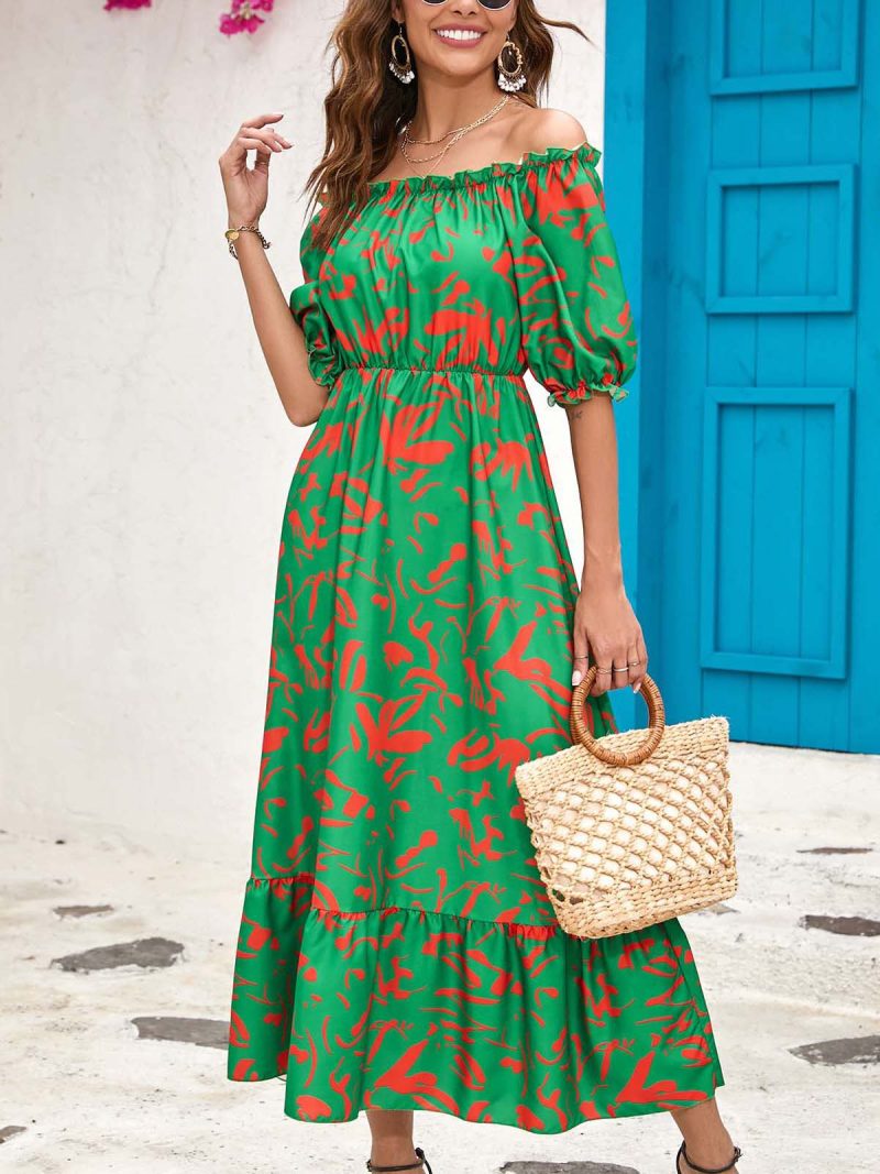 Women Clothing Popular Dress Summer Printed Off Shoulder Large Swing Women Clothing - Image 2