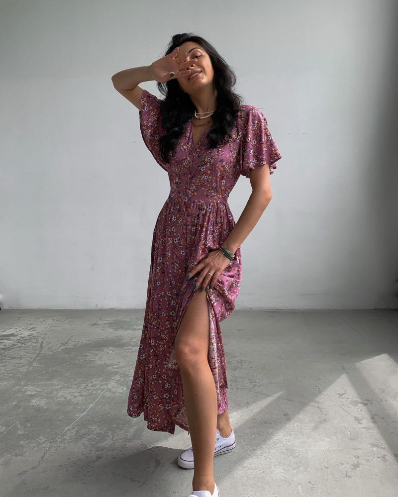 Spring Summer Mid-Sleeve Waist Split Floral Dress - Image 3