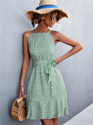 Spring Summer Sexy Halter Irregular Asymmetric Ruffled Tied Dress Women Boho Summer Outfits