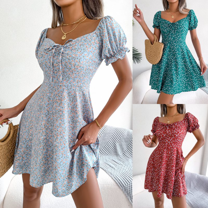 Spring Summer Casual Bell Sleeve Drawstring Lace Floral Print Large Swing Dress Independent Stand Women Clothing - Image 5