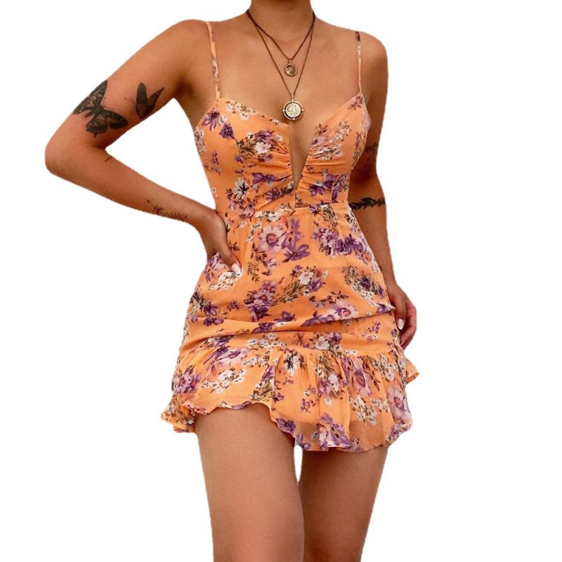Summer Printing Sexy Suspenders Backless Stitching Irregular Asymmetric Dress Short for Women Tiered Dress