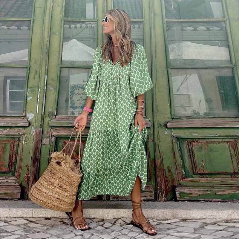 Autumn Geometric Abstract Collage Puff Sleeve Dress Street Fried Street Women Clothing