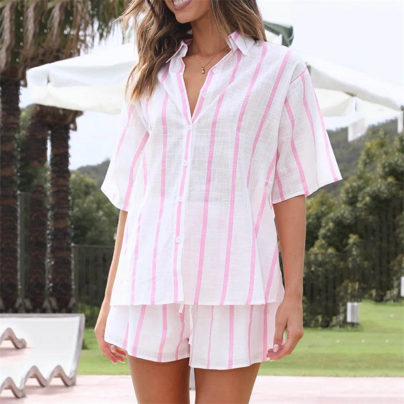 Spring Summer Striped Printed Short Sleeve Shirt Shorts Suit Beach Casual Two Piece Suit Women  Clothing - Image 2