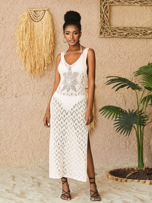 Hollow Out Cutout-out Knitted Vest Sexy Dress Bikini Beach Cover up Swimsuit Outwear Maxi Dress