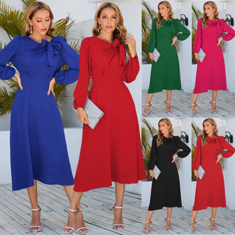 Long Sleeve Dress Autumn Winter round Neck Bow A line Midi Dress - Image 4