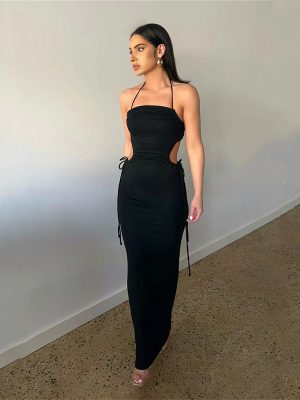 Spring Summer Women off-Neck Halter One-Step Dress Hollow out Cropped Backless Sleeveless Sexy Dress