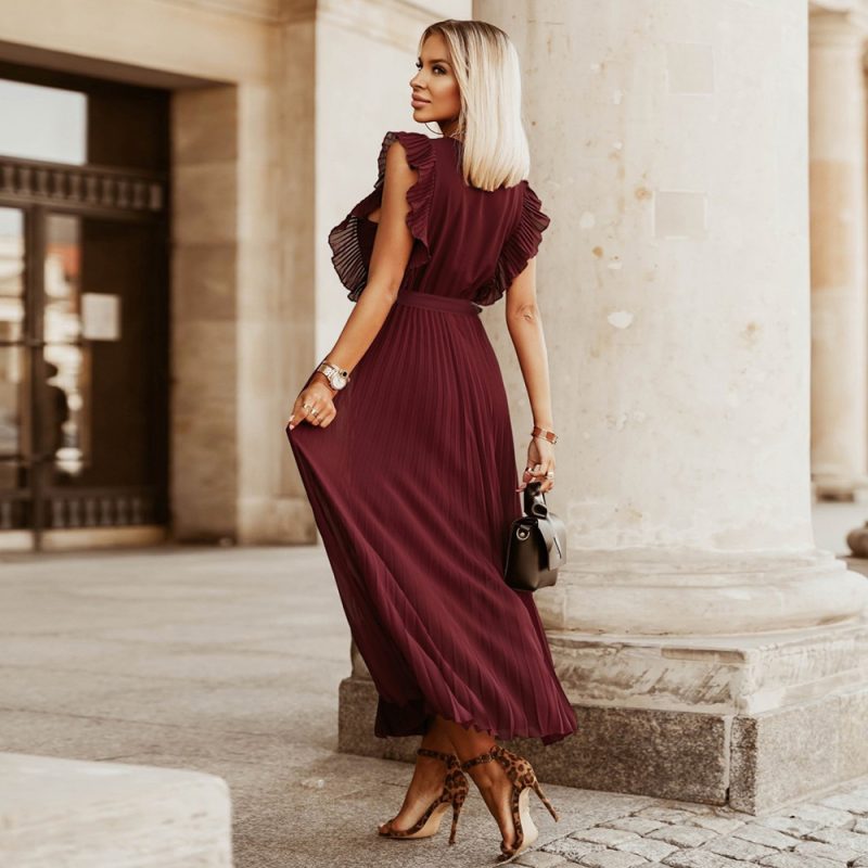 Elegant Beach Dress Fashionable Slim-Fit Sexy Ruffle Sleeve Chiffon Pleated  Solid Color Dress - Image 3