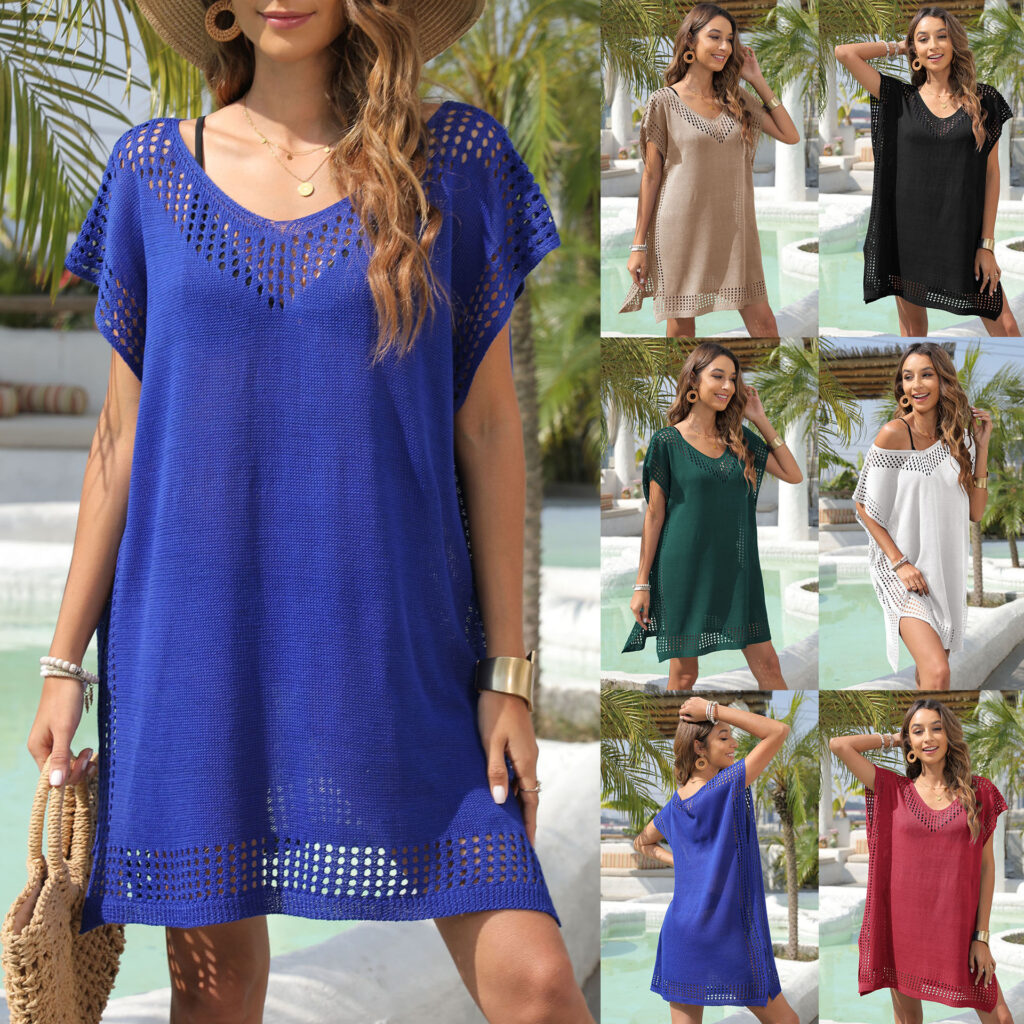 Blouse V-neck Hollow Out Cutout Stitching Loose Ladies Dress Seaside Vacation Super Fairy Beach - Image 5