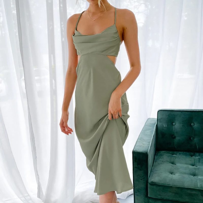 Summer New Satin Solid Color Cami Dress Women Clothing Sexy Hollow Out Cutout Backless Inner Dress - Image 3