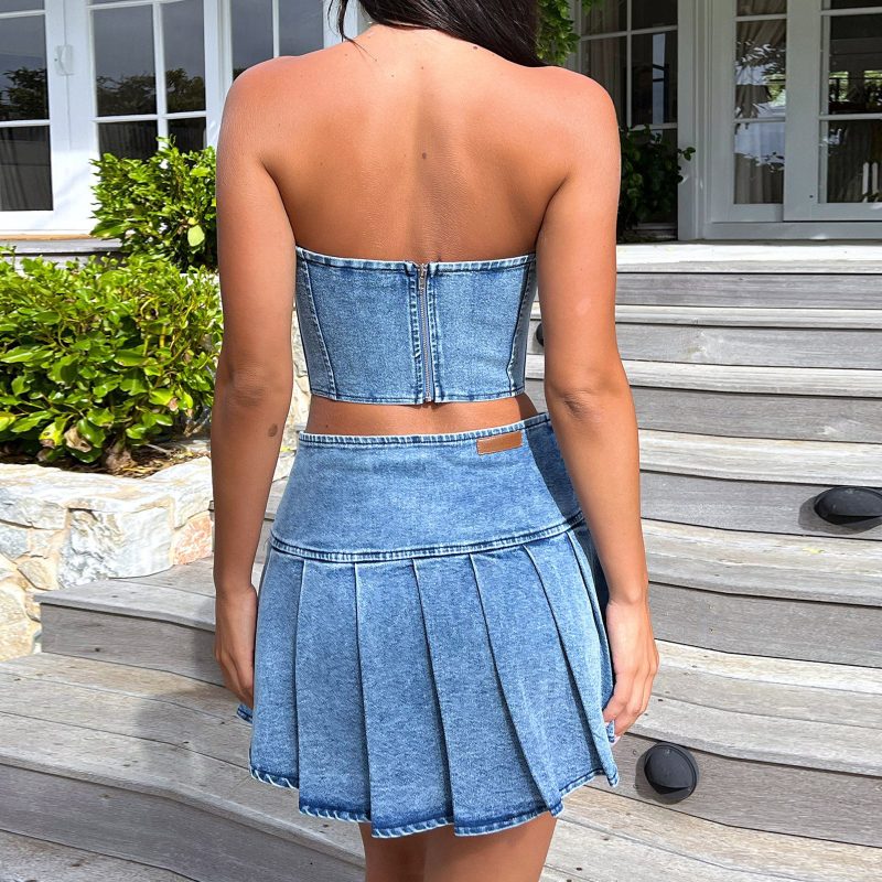 Summer Tube Top Denim Suit Sleeveless Sexy Sexy Bare Cropped High Waist Split Skirt - Image 2