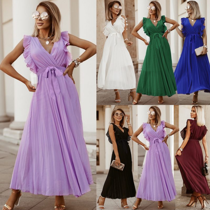 Elegant Beach Dress Fashionable Slim-Fit Sexy Ruffle Sleeve Chiffon Pleated  Solid Color Dress - Image 5