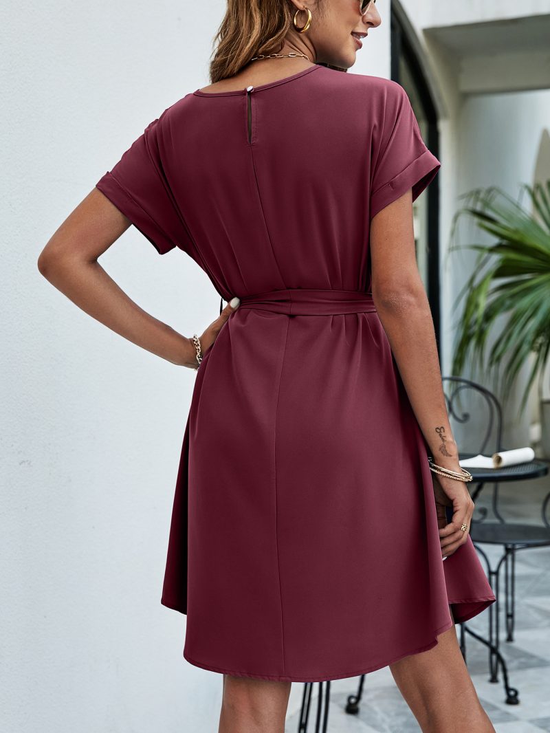 Women Summer Round Neck Solid Color Tied Waist Elegant Midi Dress - Image 2