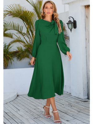 Long Sleeve Dress Autumn Winter round Neck Bow A line Midi Dress