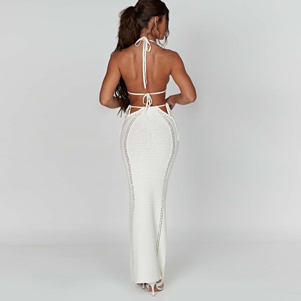 Sexy Street Wrapped Chest Hollow Out Cutout out Stitching Self Tie Skirt Set - Image 4