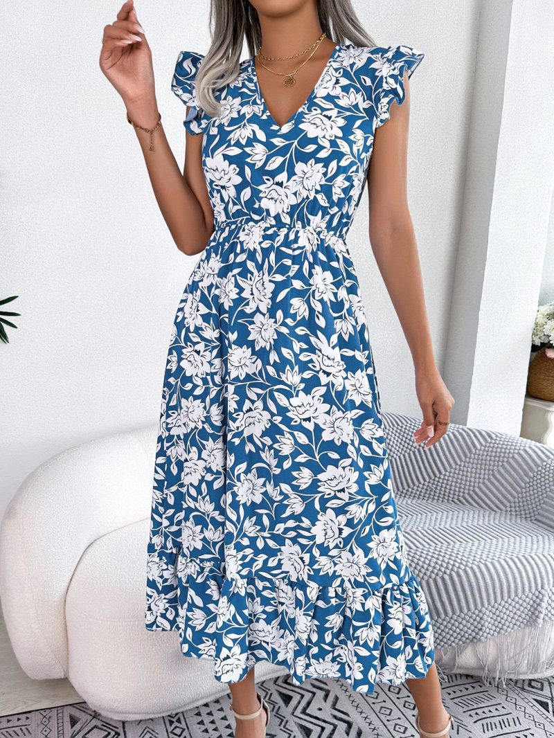 Spring Summer Casual Wooden Ear Floral Waist Slimming Maxi Dress Holiday Dress Women Clothing