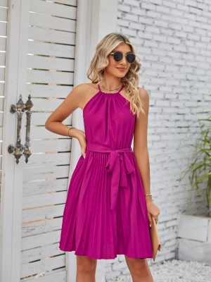 Summer Women Clothing Halter Lace Up Sleeveless Pleated Mini Dress