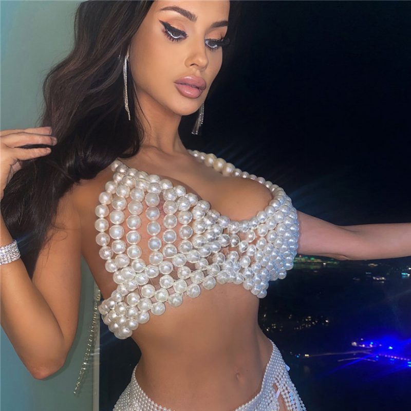 Women Clothing Retro Imitation Pearl Sexy Suspenders Party Nightclub Sexy Pearl Top - Image 4