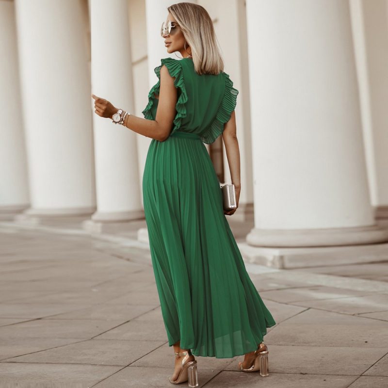 Elegant Beach Dress Fashionable Slim-Fit Sexy Ruffle Sleeve Chiffon Pleated  Solid Color Dress - Image 2