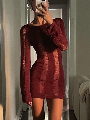 Long Sleeve Hollow Out Cutout Backless Dress Sexy Tight Hollow Sheath Woolen Spring Summer Women Clothing Dress