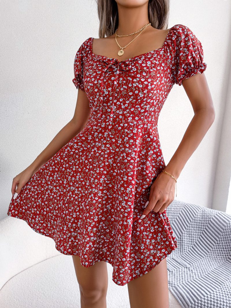 Spring Summer Casual Bell Sleeve Drawstring Lace Floral Print Large Swing Dress Independent Stand Women Clothing - Image 2