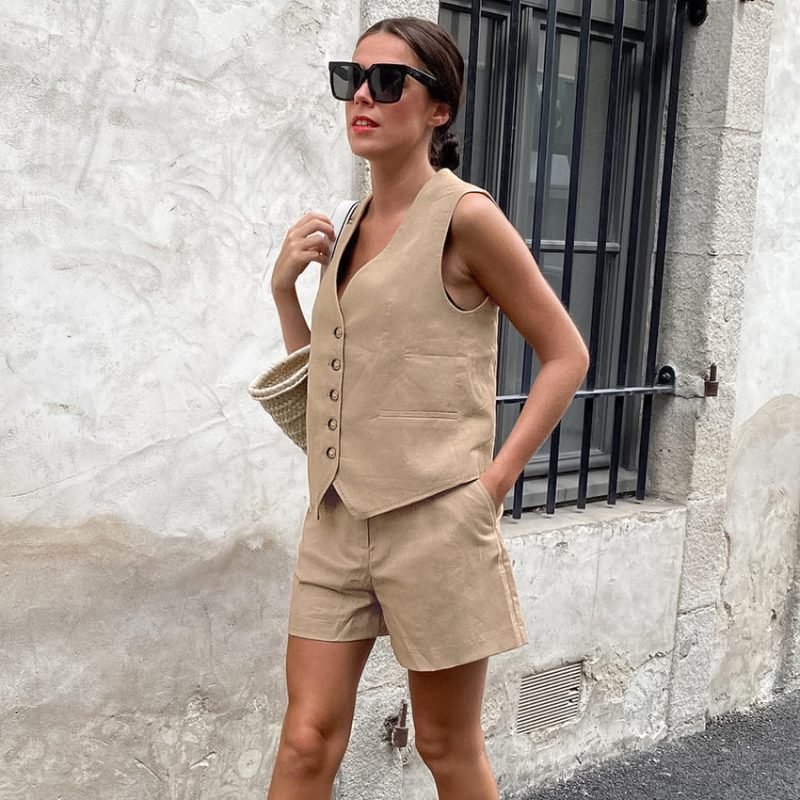 Summer Casual Office Vest Khaki V neck Sleeveless Shorts Set for Women - Image 3