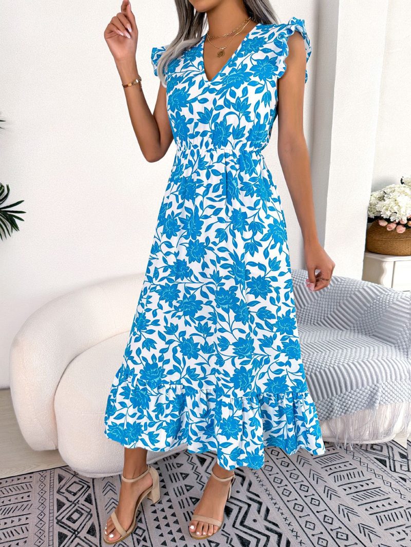 Spring Summer Casual Wooden Ear Floral Waist Slimming Maxi Dress Holiday Dress Women Clothing - Image 2