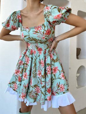 Summer Floral  Dress Square Collar Sexy Dress Bohemian Holiday Princess Dress