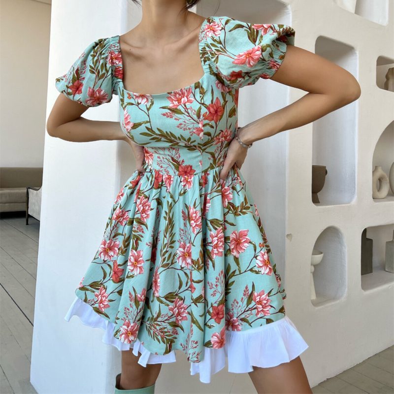 Summer Floral  Dress Square Collar Sexy Dress Bohemian Holiday Princess Dress