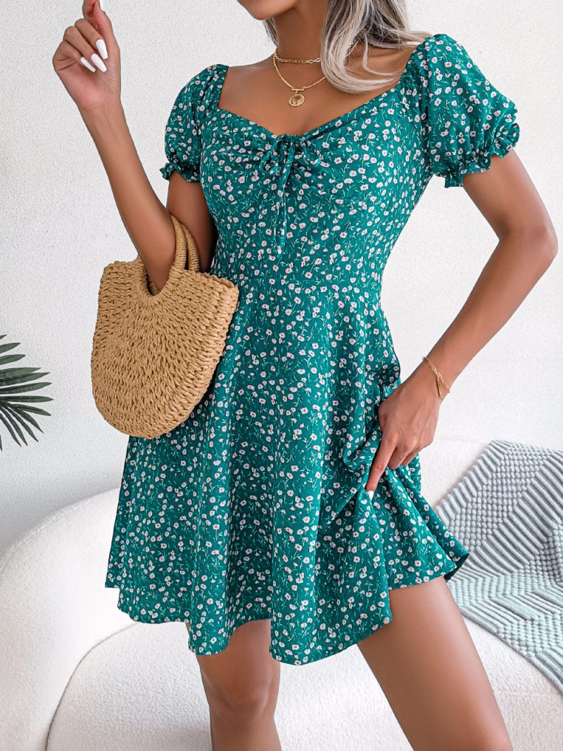 Spring Summer Casual Bell Sleeve Drawstring Lace Floral Print Large Swing Dress Independent Stand Women Clothing - Image 3
