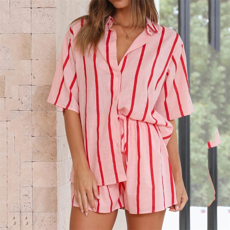Spring Summer Striped Printed Short Sleeve Shirt Shorts Suit Beach Casual Two Piece Suit Women  Clothing - Image 4