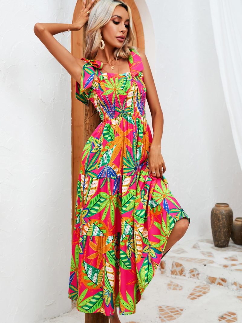 Women Clothing Dress Summer Leaf Print Wrapped Chest Strap Women Clothing - Image 2