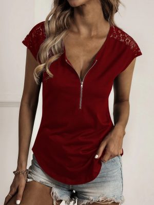 Women Clothing Popular Round Neck Half Zipper Stitching Lace Short Sleeve T Shirt