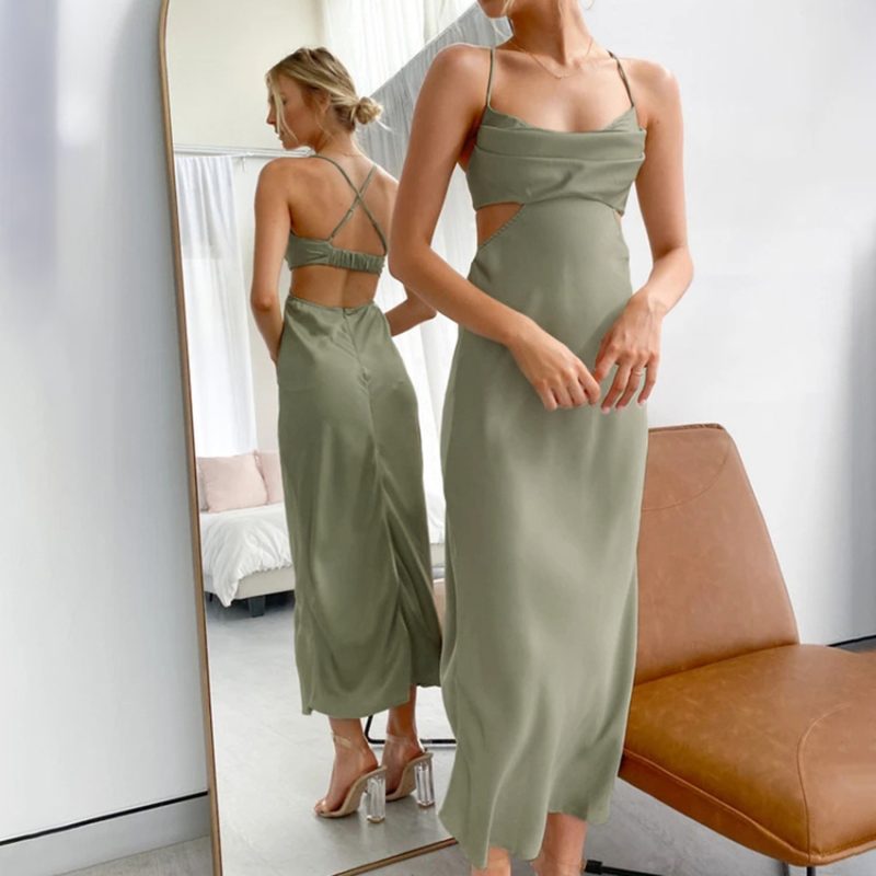 Summer New Satin Solid Color Cami Dress Women Clothing Sexy Hollow Out Cutout Backless Inner Dress - Image 2