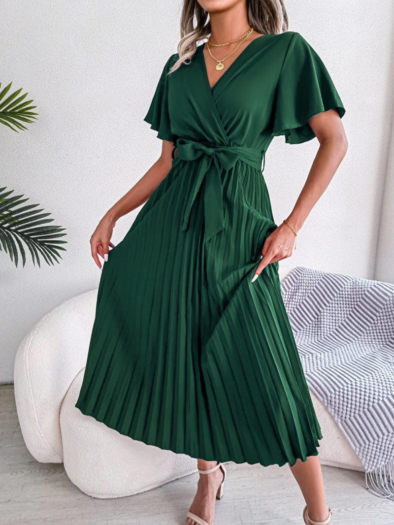 Spring Summer Elegant Criss Cross V-neck Swing Pleated Dress Women Clothing - Image 3
