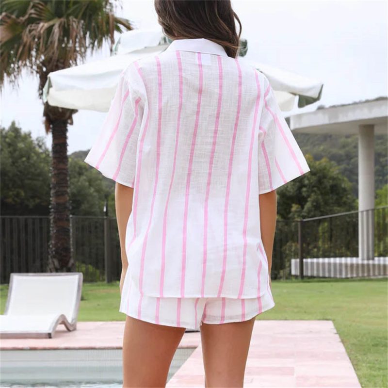 Spring Summer Striped Printed Short Sleeve Shirt Shorts Suit Beach Casual Two Piece Suit Women  Clothing - Image 3