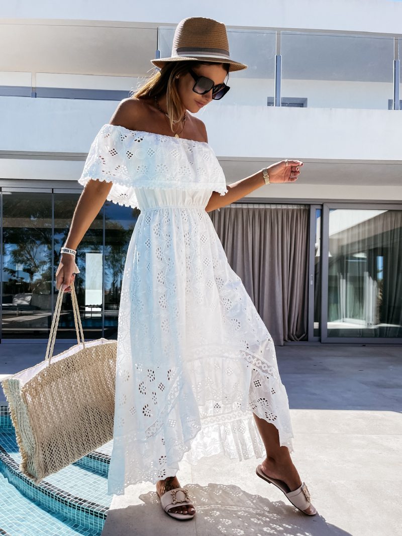 Bohemian Lace Dress White Beach Dress Tube Top off-Shoulder Sexy Dress for Women Eyelet Embroidery - Image 3
