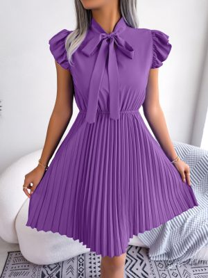 Spring Summer Elegant Tied Waist Controlled Large Hem Pleated Dress Women Clothing