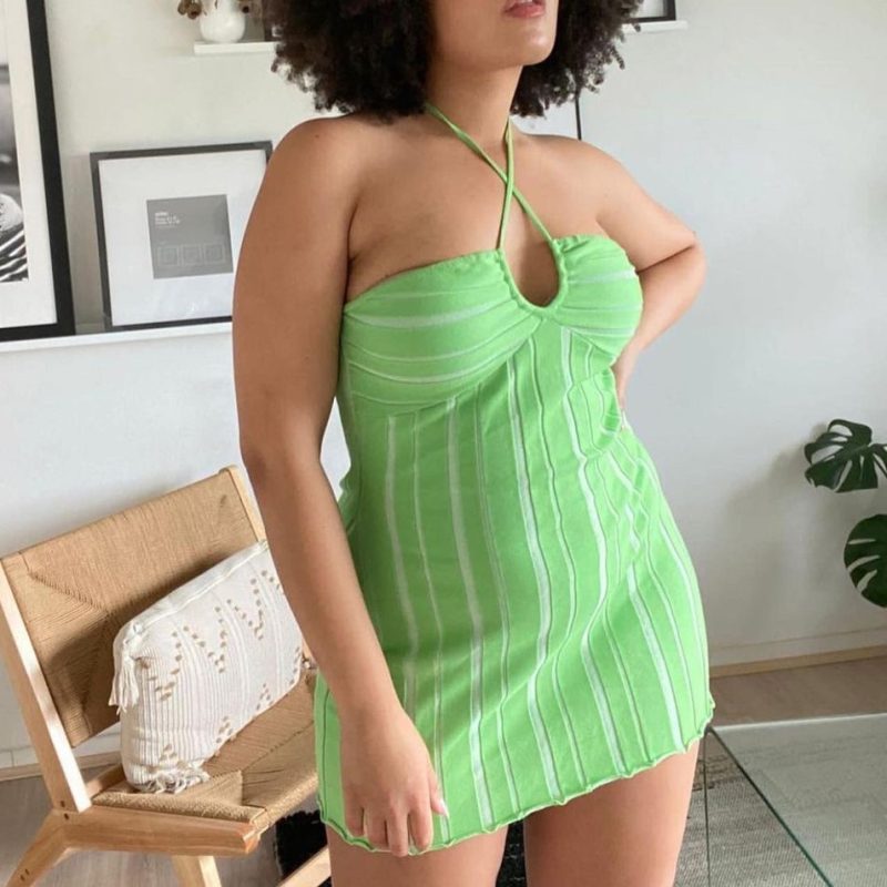 Spring Summer Women Clothing International Station Popular Halter Lace-up Knitted Dehaired Angora Dress - Image 4