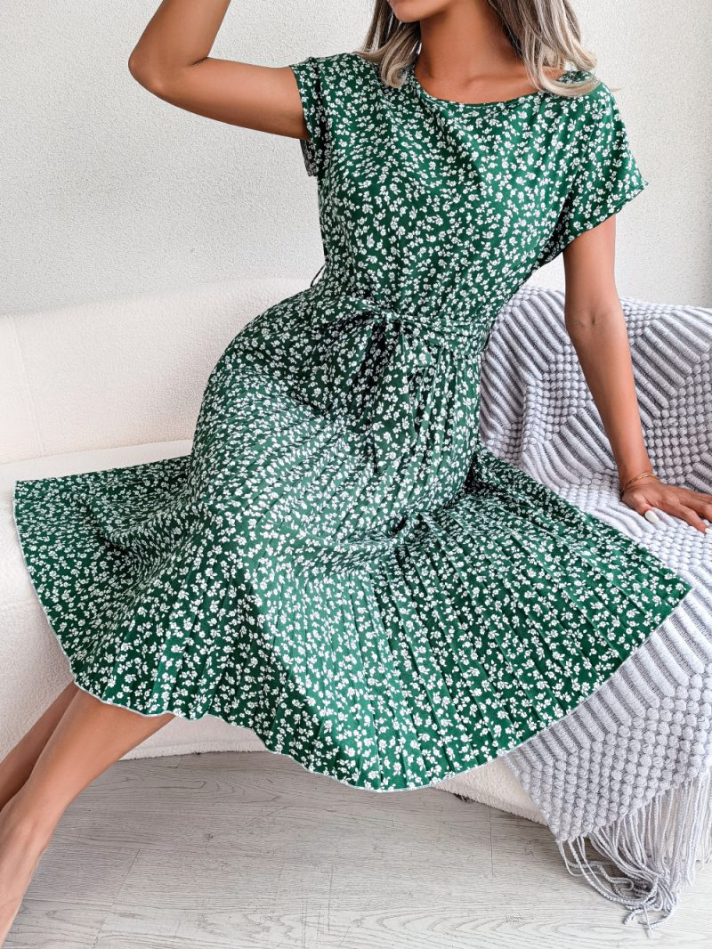 Spring Summer New Casual Short Sleeve Floral Large Hem Pleated   Women Clothing - Image 3
